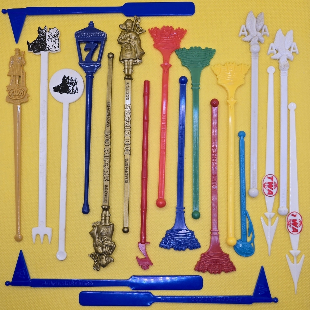 Lot of 20 Vintage Advertising Swizzle Sticks Drink Stirrers Airlines Liquor